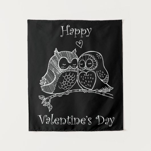 かわいい鳥カップル愛ふくろうロマンスラインアートNo 2/3 タペストリー (正面)