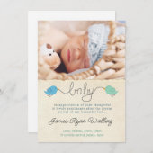 かわいい鳥サンキューノート男の赤ちゃん写真テンプレート 招待状 (正面/裏面)