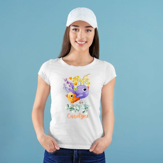 かわいい鳥紫とオレンジ色の水彩花 Tシャツ