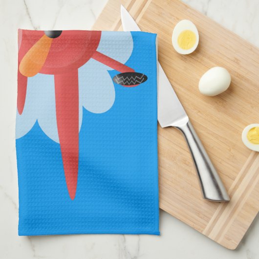 かわいい鳥飛んでいる赤い飛行機の漫画イラストレーション キッチンタオル (四つ折り)