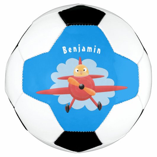 かわいい鳥飛んでいる赤い飛行機の漫画イラストレーション サッカーボール (正面)