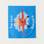 かわいい鳥飛んでいる赤い飛行機の漫画イラストレーション タペストリー (正面)