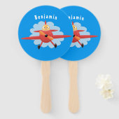 かわいい鳥飛んでいる赤い飛行機の漫画イラストレーション ハンドファン (正面&裏面)