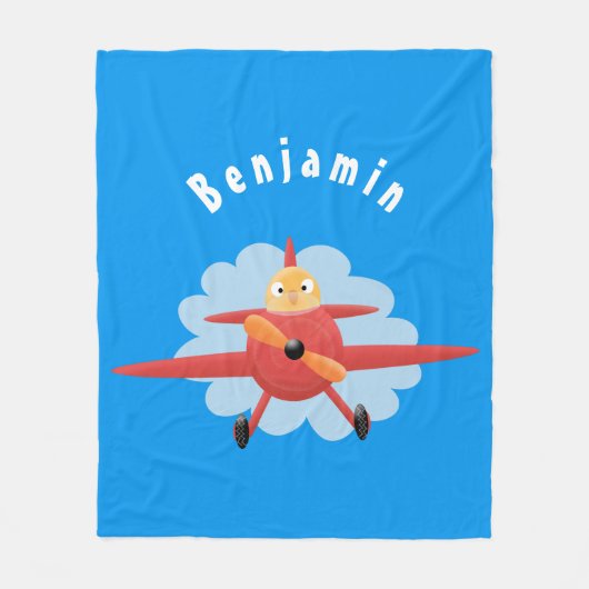 かわいい鳥飛んでいる赤い飛行機の漫画イラストレーション フリースブランケット (正面)