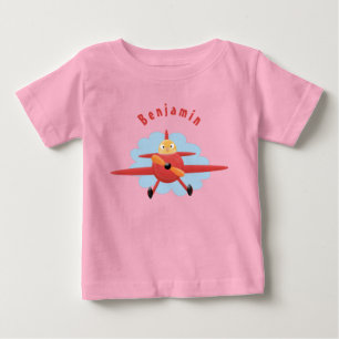 かわいい鳥飛んでいる赤い飛行機の漫画イラストレーション ベビーTシャツ