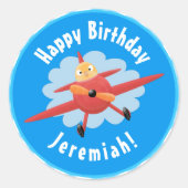 かわいい鳥飛んでいる赤い飛行機の漫画イラストレーション ラウンドシール (正面)