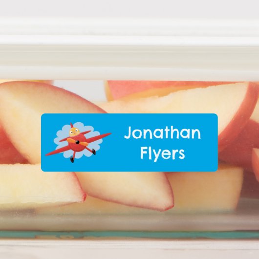 かわいい鳥飛んでいる赤い飛行機の漫画イラストレーション ラベル (貼付)