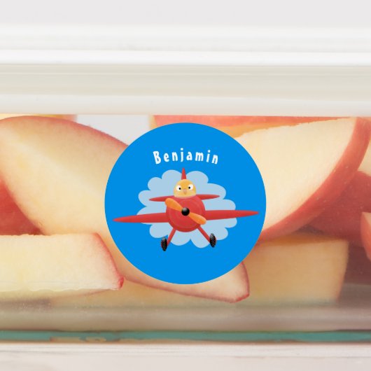 かわいい鳥飛んでいる赤い飛行機の漫画イラストレーション ラベル (貼付)