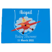 かわいい鳥飛んでいる赤い飛行機の漫画イラストレーション ラージペーパーバッグ (正面)