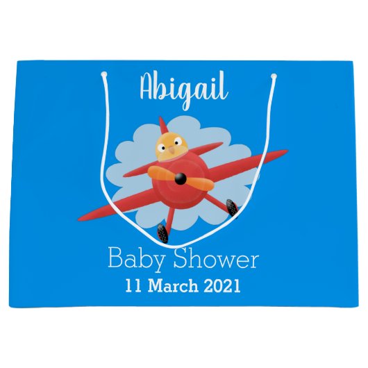 かわいい鳥飛んでいる赤い飛行機の漫画イラストレーション ラージペーパーバッグ (正面)