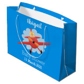 かわいい鳥飛んでいる赤い飛行機の漫画イラストレーション ラージペーパーバッグ (裏面アングル)