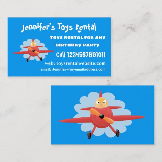 かわいい鳥飛んでいる赤い飛行機の漫画イラストレーション 名刺 (正面/裏面)