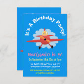 かわいい鳥飛んでいる赤い飛行機の漫画イラストレーション 招待状 (正面/裏面)