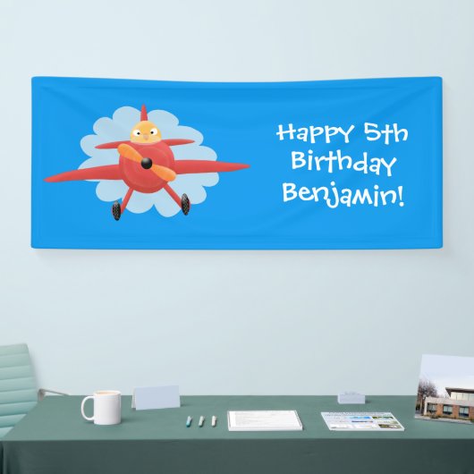 かわいい鳥飛んでいる赤い飛行機の漫画イラストレーション 横断幕 (トレードショー)