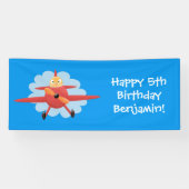 かわいい鳥飛んでいる赤い飛行機の漫画イラストレーション 横断幕 (横)