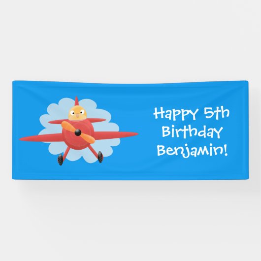 かわいい鳥飛んでいる赤い飛行機の漫画イラストレーション 横断幕 (横)