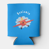 かわいい鳥飛んでいる赤い飛行機の漫画イラストレーション 缶クーラー (正面)