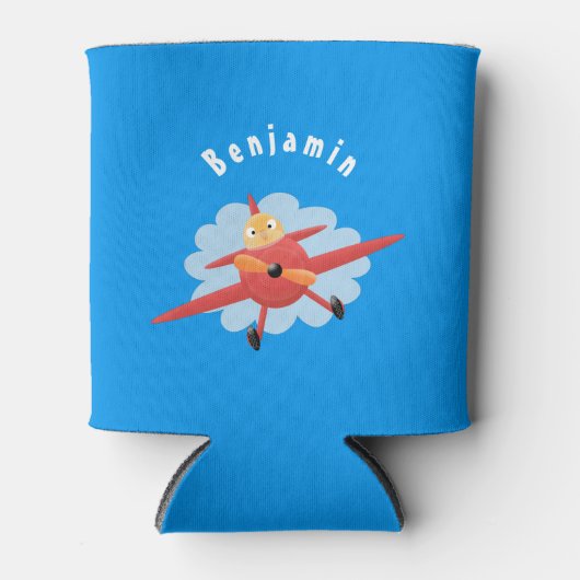 かわいい鳥飛んでいる赤い飛行機の漫画イラストレーション 缶クーラー (正面)