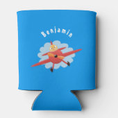 かわいい鳥飛んでいる赤い飛行機の漫画イラストレーション 缶クーラー (裏面)