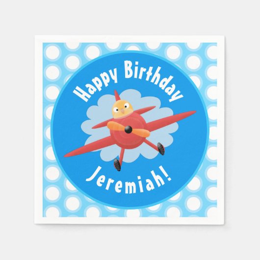 かわいい鳥飛んでいる赤い飛行機の漫画パーソナライズされた スタンダードカクテルナプキン (正面)