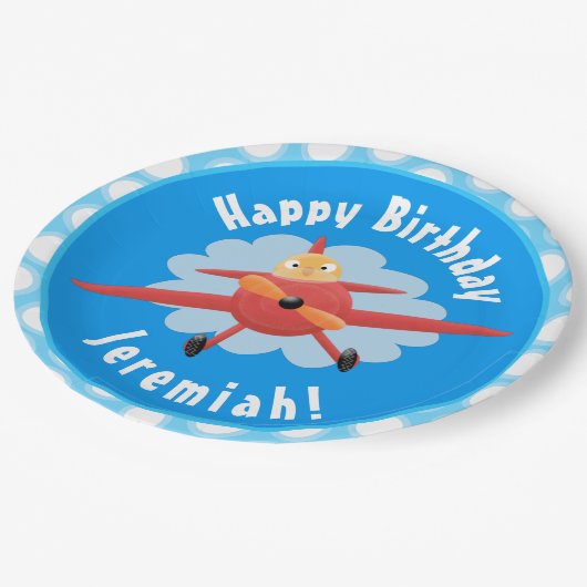 かわいい鳥飛んでいる赤い飛行機の漫画パーソナライズされた ペーパープレート (アングル)