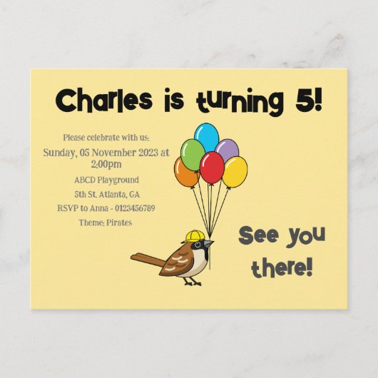 かわいい鳩の風船の誕生日 | オーダーメイド インビテーションポストカード (正面)