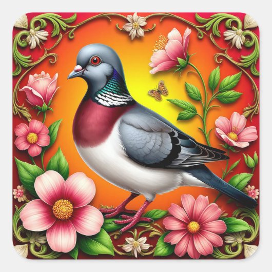 🌸 かわいい鳩ステッカー カラフルな花と鳥 スクエアシール (正面)
