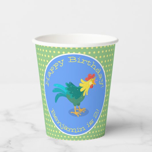 かわいい鳴き声の雄鶏のキャラクターイラスト 紙コップ (正面)