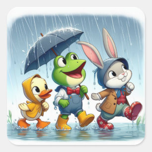 かわいい鴨、カエル、雨の中のバニー スクエアシール