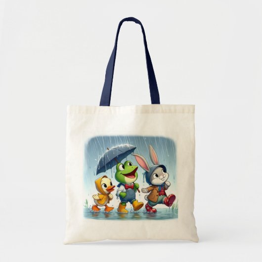 かわいい鴨、カエル、雨の中のバニー トートバッグ (正面)