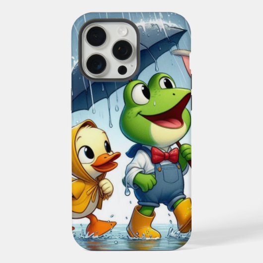 かわいい鴨、カエル、雨の中のバニー iPhoneケース (裏面)