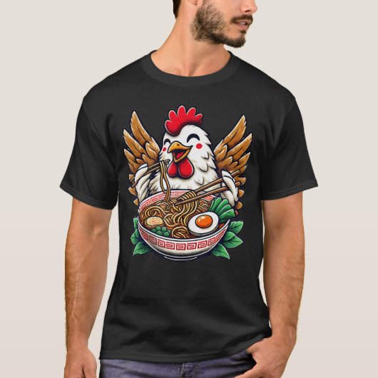 かわいい鶏がラーメンを食べる Tシャツ (正面)