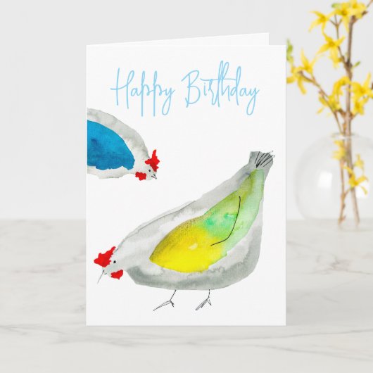 かわいい鶏の水色 カード (黄色い花)