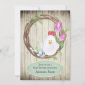 かわいい鶏、卵、リースとチューリップのベビーシャワー 招待状 (正面)