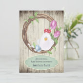 かわいい鶏、卵、リースとチューリップのベビーシャワー 招待状 (スタンド正面)