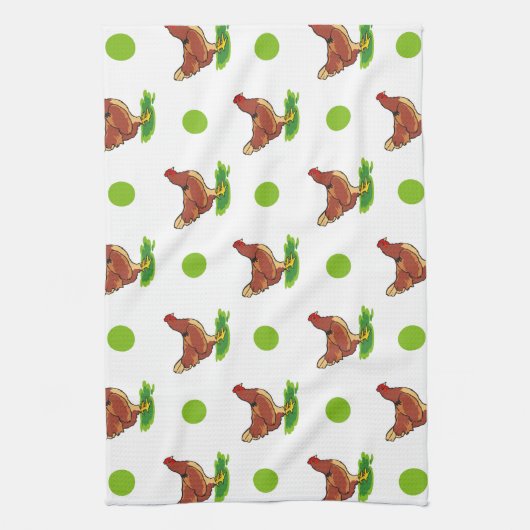 かわいい鶏、鶏、緑の水玉模様 キッチンタオル (縦)