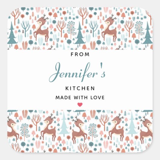 かわいい鹿お洒落の森の柄キッチン スクエアシール (正面)