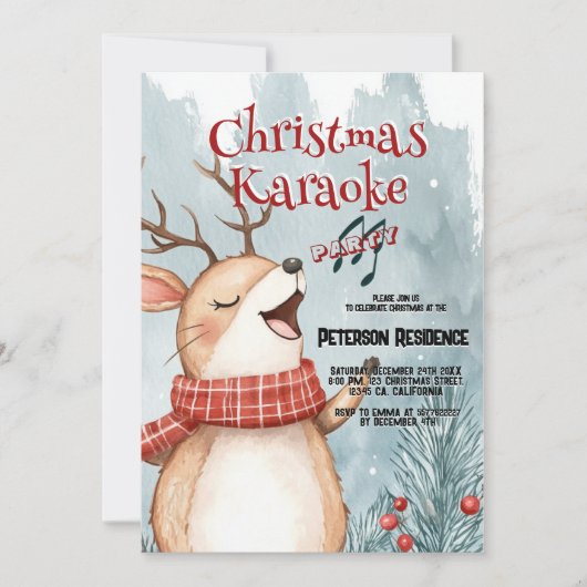 かわいい鹿がクリスマスにカラオケを歌うパーティー 招待状 (正面)