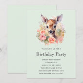 かわいい鹿がバラに囲まれた誕生日 招待状 (正面/裏面)