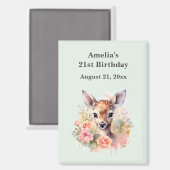 かわいい鹿がローズに囲まれた誕生日 セーブ・ザ・デート マグネット (正面/裏面)