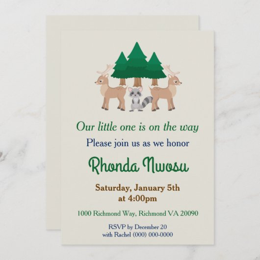 かわいい鹿とアライグマ赤ちゃんシャワー 招待状 (正面/裏面)