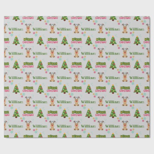 かわいい鹿とクリスマスツリードードルパーソナライズされた ラッピングペーパー (フラット)