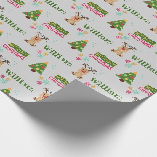 かわいい鹿とクリスマスツリードードルパーソナライズされた ラッピングペーパー (角)
