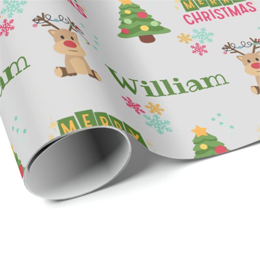 かわいい鹿とクリスマスツリードードルパーソナライズされた ラッピングペーパー (ロールコーナー)