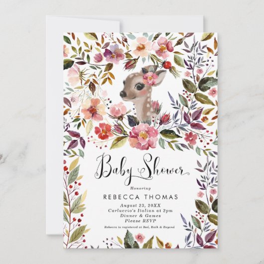 かわいい鹿と花模様の赤ちゃんシャワー 招待状 (正面)