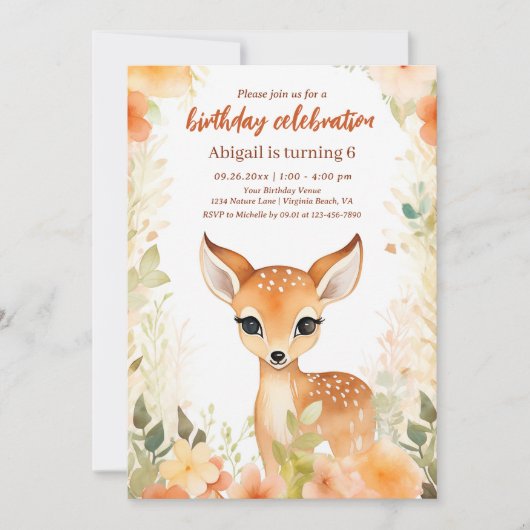 かわいい鹿と花 |ウッドラかわいらしンド誕生日 招待状 (正面)