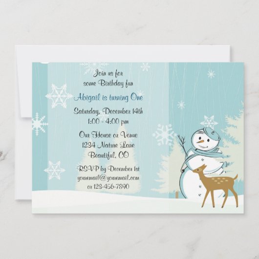 かわいい鹿と雪だるま冬1歳の誕生日 招待状 (裏面)