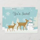 かわいい鹿と雪だるま冬1歳の誕生日 招待状 (正面/裏面)