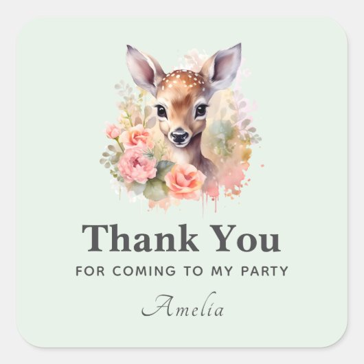 かわいい鹿に囲まれたバラパーティーありがとう スクエアシール (正面)