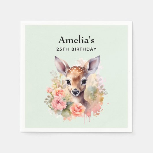 かわいい鹿に囲まれたバラ誕生日 スタンダードカクテルナプキン (正面)